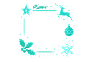 Christmas glowing neon frame with reindeer, holly, snowflake, and star on transparent background, winter holiday concept