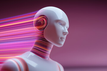 A futuristic robot head with vibrant light trails, symbolizing speed and advanced technology, set against a purple background.
