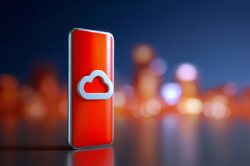 A smartphone with a cloud icon on a vibrant red background, against a blurred cityscape backdrop.