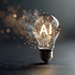 A glowing light bulb with "AI" inside, surrounded by sparkling particles, symbolizing innovation and technology in artificial intelligence.