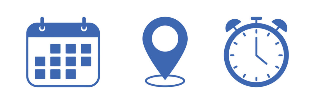 Calendar, location pin, and alarm clock icons representing time and place