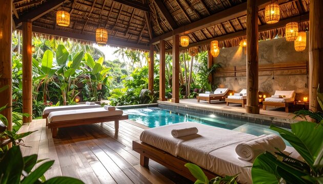 Tropical spa retreat with pool and massage beds