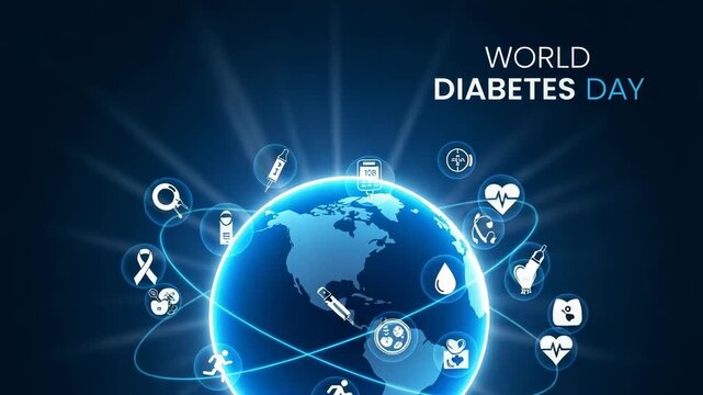 World Diabetes Day global health awareness concept with medical icons orbiting planet earth - Powered by Adobe