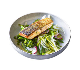 crispy salmon fish fillet with veg salad
