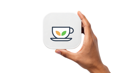 Hand holding a tea cup icon with a cafe concept