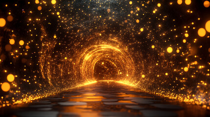 A tunnel with a bright orange glow. The tunnel is filled with light and has a lot of sparkles