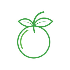 Green line art icon of an orange with two leaves on white background Keywords: orange, fruit, citrus, leaf, stem, green, line art, icon, logo
