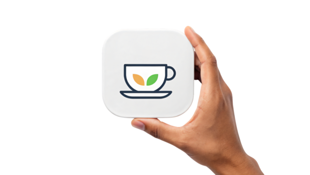 Hand holding a tea cup icon with a cafe concept