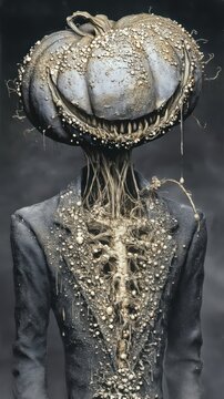 Una figura vestida con un traje oscuro, con una calabaza grotesca en lugar de cabeza, emerge de la oscuridad, simbolizando una cosecha macabra y silenciosa.