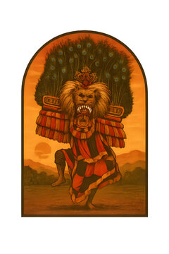 Vintage Vector Illustration of Dadak Merak Reog Ponorogo Dance at Sunset