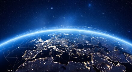 Fototapeta premium Earth at night, illuminated by city lights, showing Europe and the Mediterranean, with a network of lines above.