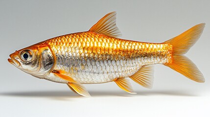 A detailed side profile of a golden-orange goldfish isolated on a white background