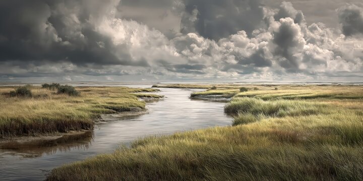 Una extensa marisma ba&ntilde;ada por la luz crepuscular bajo un cielo tormentoso.