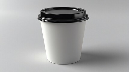 A white paper cup with a black lid casts a shadow against a neutral-toned background
