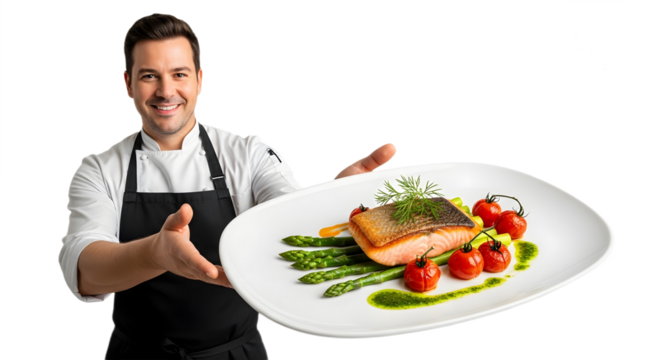 Smiling chef presents plated salmon with asparagus — ideal for restaurant, culinary, or healthy eating content.