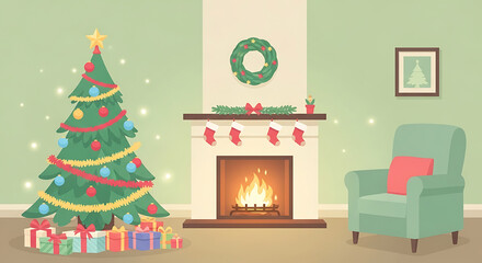 Cozy Christmas fireplace interior with wreath and stockings