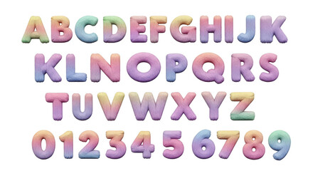 Colorful 3d alphabet letters and numbers isolated on white background