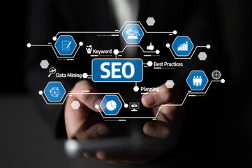 A visual representation of SEO strategies with hands holding a smartphone, showcasing elements like keyword planning and digital marketing techniques for business growth. Tessel
