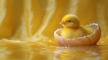 A fluffy yellow chick nestled inside a cracked eggshell, floating in a reflective yellow surface