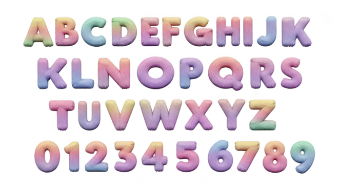 Colorful 3d alphabet letters and numbers isolated on white background