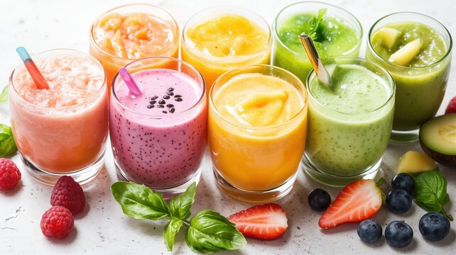 Assortment of vibrant fruit smoothies in glasses, showcasing a variety of healthy drink options for refreshment
