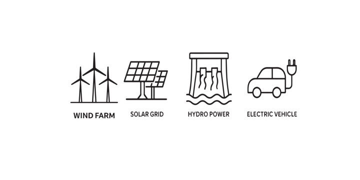 Print  Renewable Energy Infrastructure Line Icons &mdash; wind farm, solar grid, hydro power, electric vehicle vector