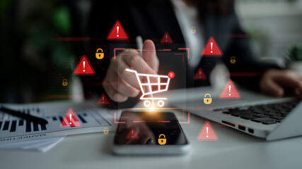 A security alert concept for e-commerce. This warning signifies a risk in an online shopping...
