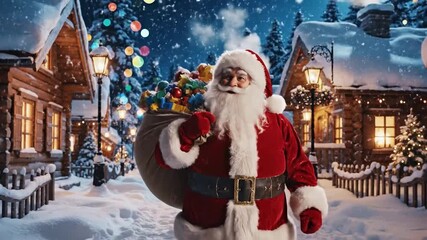 Santa Claus standing in a snowy village on a winter night with Christmas trees and houses in the background, wearing a red suit and holding a sack. - Powered by Adobe