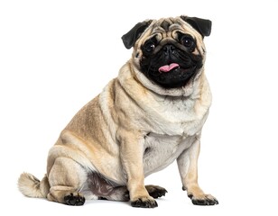 Fototapeta premium A seated fawn-colored pug dog with black features and a pink tongue
