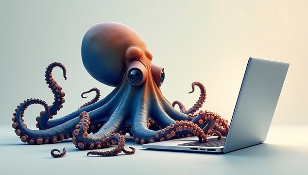 A realistic octopus using its tentacles to type on a sleek modern laptop, concept of multitasking and intelligence, set on a minimalist background.
