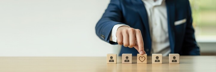 Businessman pointing at wooden block with heart icon, concept of customer care