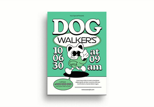 Green White Retro Cartoon Dog Walker's Flyer Set