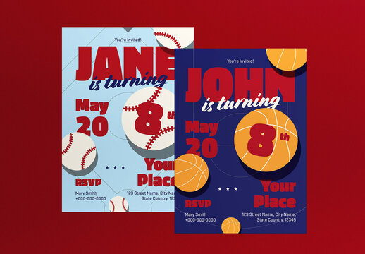 Blue Flat Design Sport Birthday Invitation