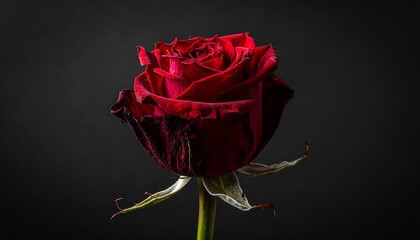 Detailed macro shot of a deep red rose against a dark gray backdrop