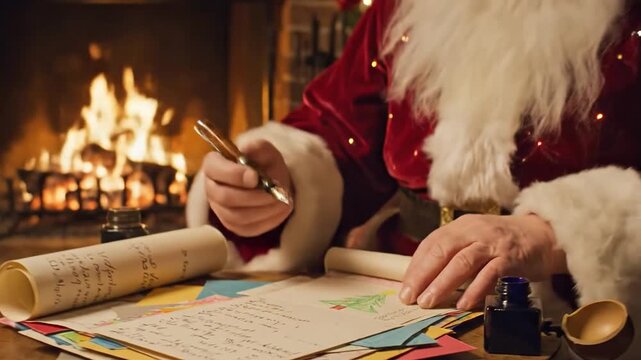 Santa Claus writing a letter by the fireplace during Christmas with a quill pen and colorful papers.