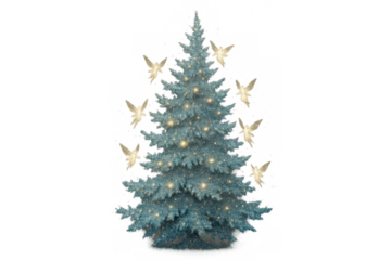 Christmas tree with glittering blue needles and glowing golden fairies for festive holiday magic, transparent background