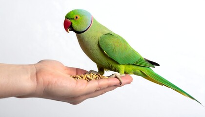 A vibrant green parrot perched on an open hand, feeding on grains