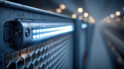 Close-up of a metal structure with a bright, linear light and depth of field