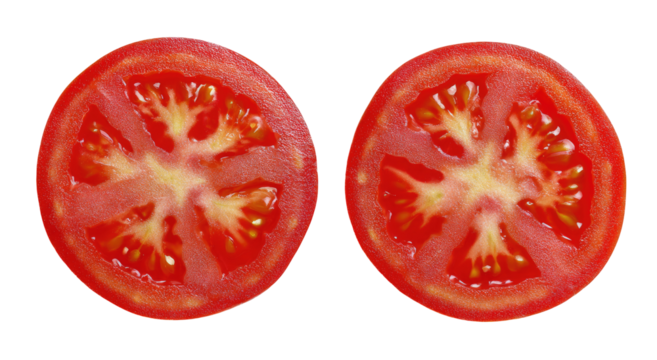 Two close-up tomato slices, vibrant red