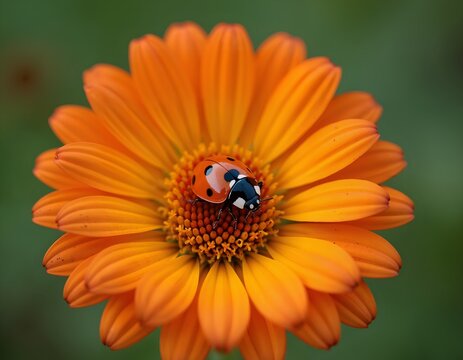 A close-up of a ladybug on an orange flower with a blurred green background - Powered by Adobe