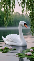 Fototapeta premium White swan swimming on lake with water lilies