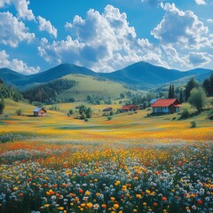 Summer meadow landscape with blue sky, white clouds and colorful wildflowers, green grass field with distant mountains and trees, nature scene, wide angle view, vibrant colors