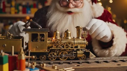 Santa Claus assembling a vintage brass model train on a wooden track with colorful spools of thread in a cozy Christmas workshop with warm lighting.
