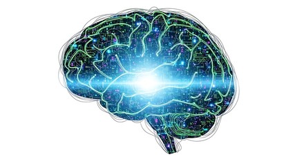 Digital Brain with Glowing Circuits and Light Burst
