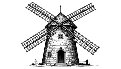Detailed grayscale illustration of a traditional windmill with its blades spread