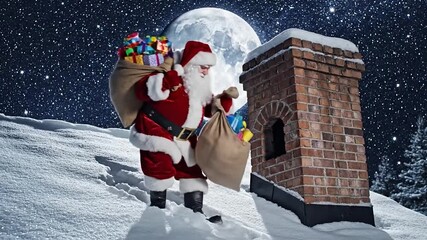 Santa Claus in red suit carrying large sack of toys down snowy roof towards brick chimney on a Christmas Eve night with a full moon