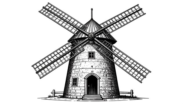 Detailed grayscale illustration of a traditional windmill with its blades spread