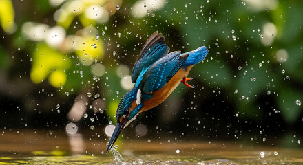 Kingfisher dives into water for fish with droplets flying