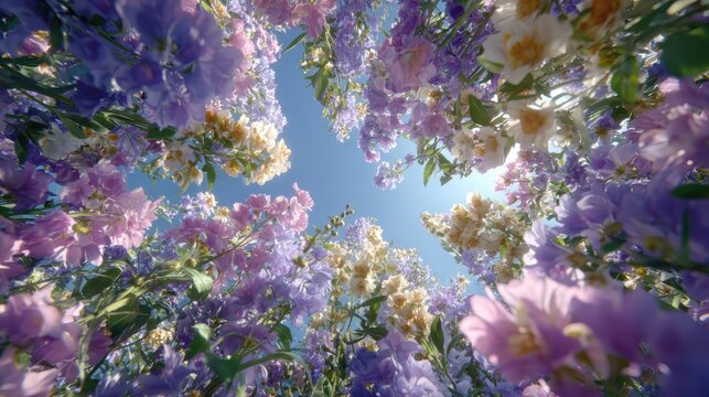 Una vista desde abajo de un dosel de flores moradas y amarillas contra un cielo azul brillante.
