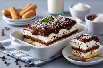 Chocolate and coconut dessert cake with cream layers